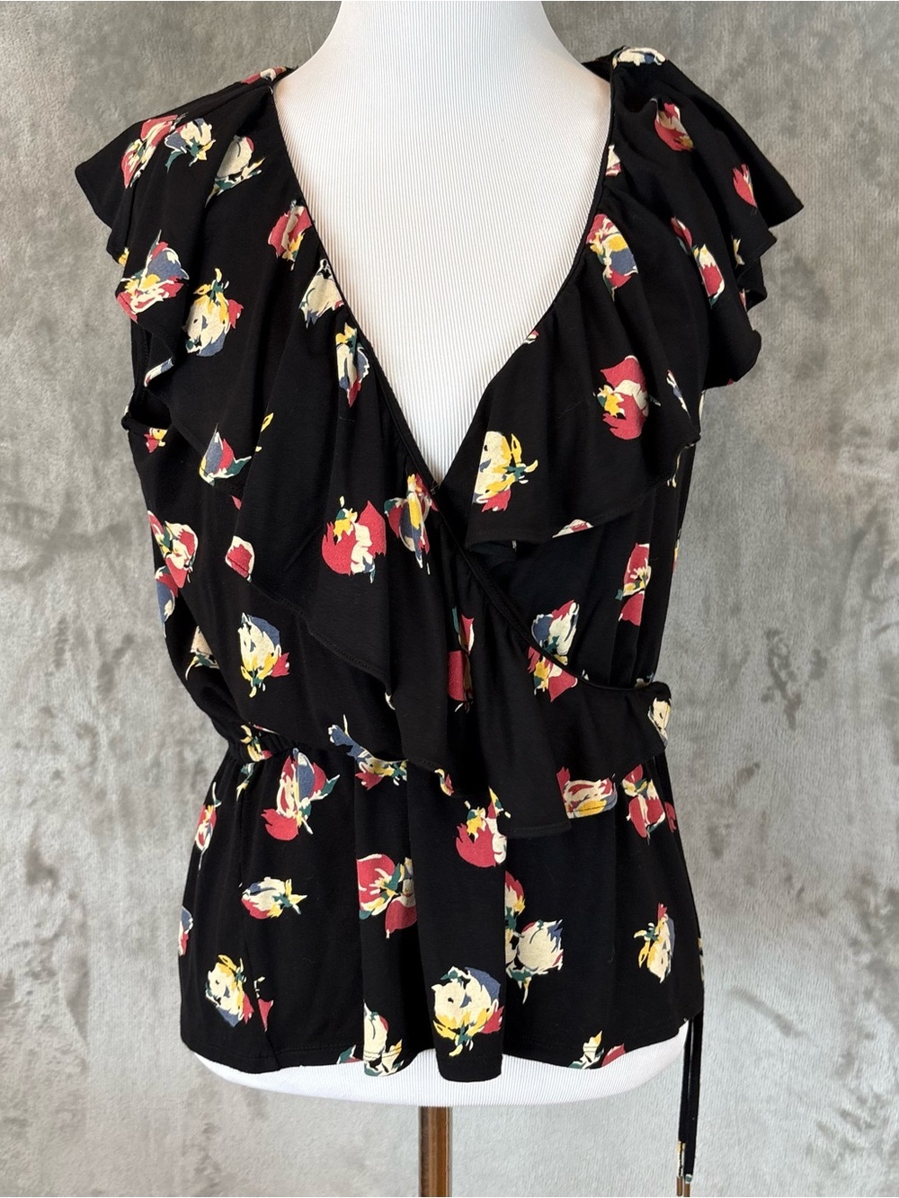Lauren Ralph Lauren Black Wmn’s Top Floral Elastic Waist Ruffle Trim Blouse Sz S